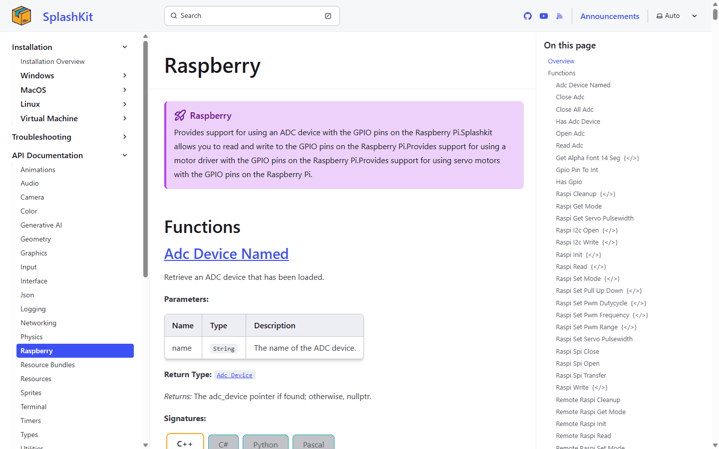 SplashKit Raspberry API documentation screenshot